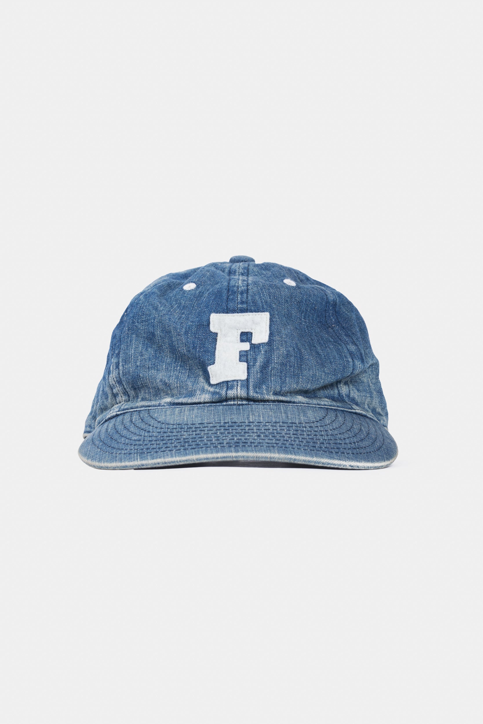 6 PANEL DENIM BASEBALL CAP "F" PATCH - Vintage Wash