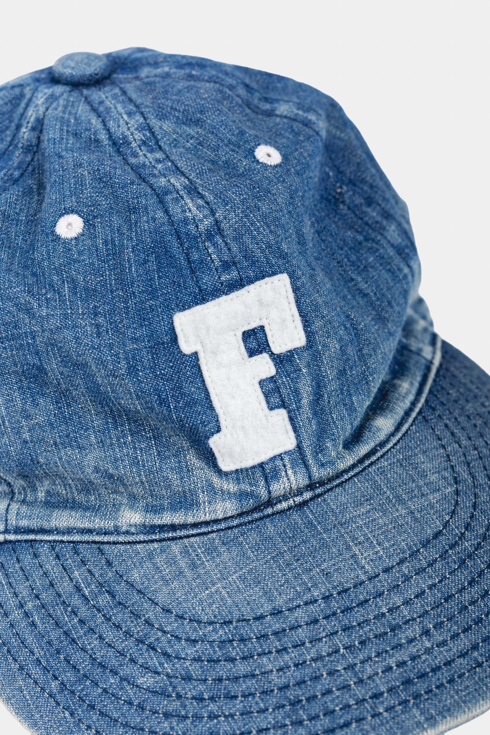 6 PANEL DENIM BASEBALL CAP "F" PATCH - Vintage Wash
